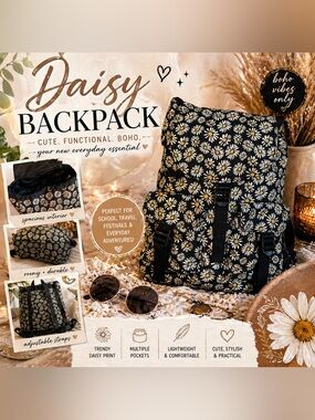 Daisy Print Backpack Black White Floral Multi Pocket Casual Travel Bag